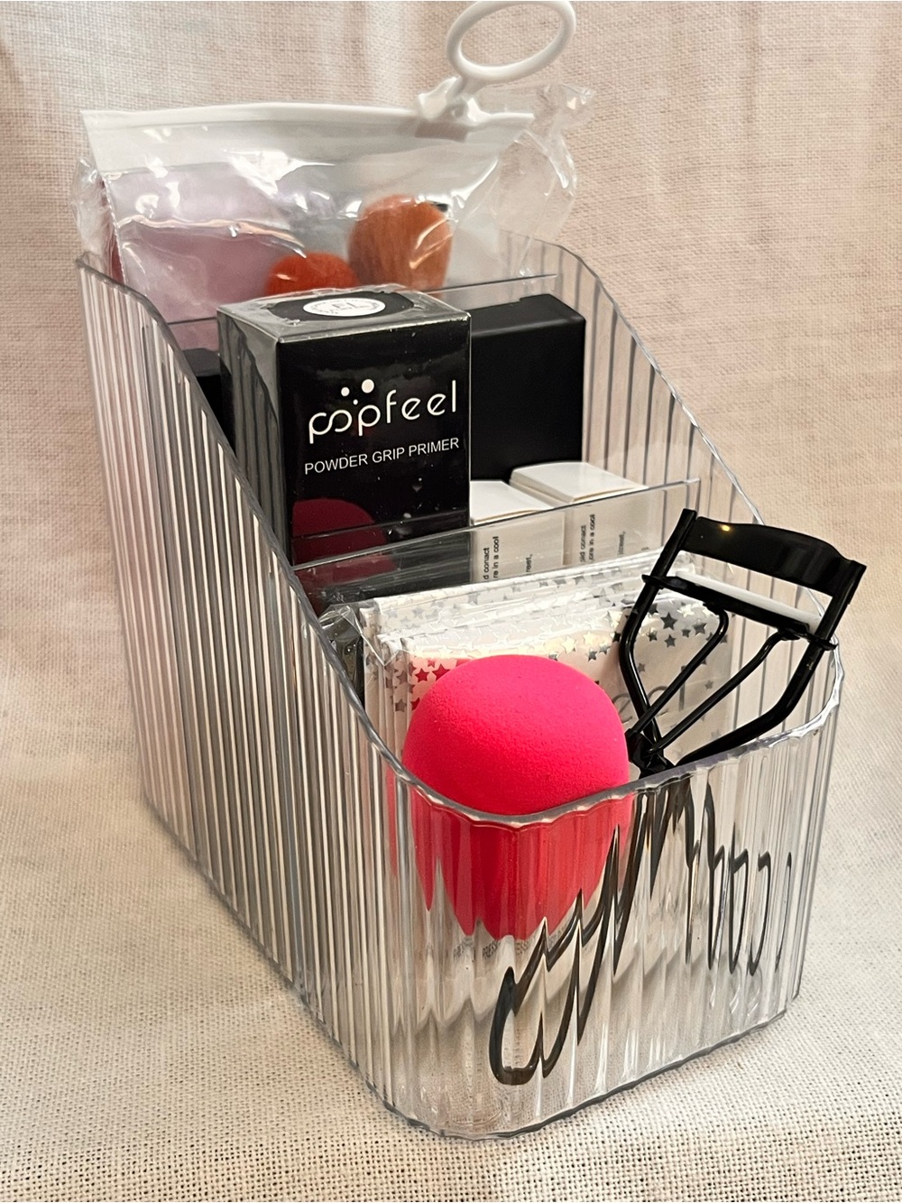 Popfeel Make up with Clear Ribbed Plastic Make Up & Organizer Bundle